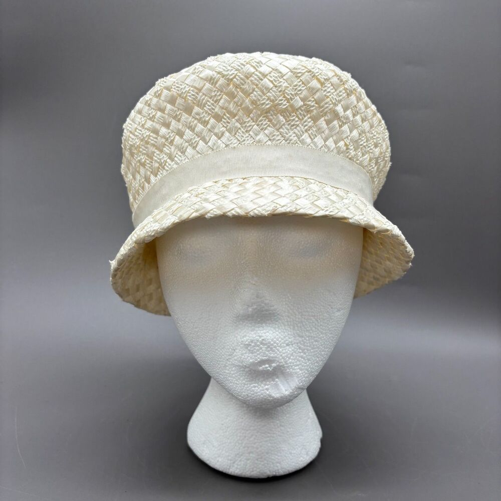 Sharon Originals Woven Raffia Straw Cloche Bucket Hat Ivory Cream Ribbon 1960s